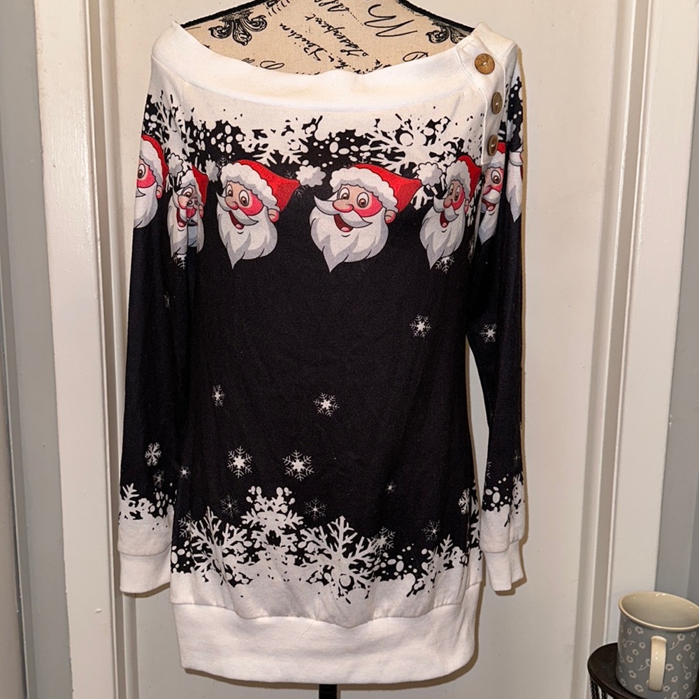 Pretty Girl graphic Santa Christmas long sleeve top- Sz L - black, white & Red
